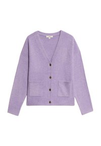 Cardigan lilla realizzato in materiale morbido, con scollo a V, maniche lunghe, due tasche frontali e cinque bottoni marroni sulla parte anteriore.