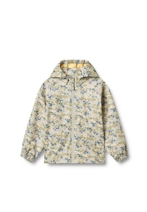 Veste à motif floral de couleur beige clair avec des fleurs bleues et vertes. Dotée d'une capuche, d'un zip frontal et de poignets et d'une base élastiques. Matériau résistant à l'eau.