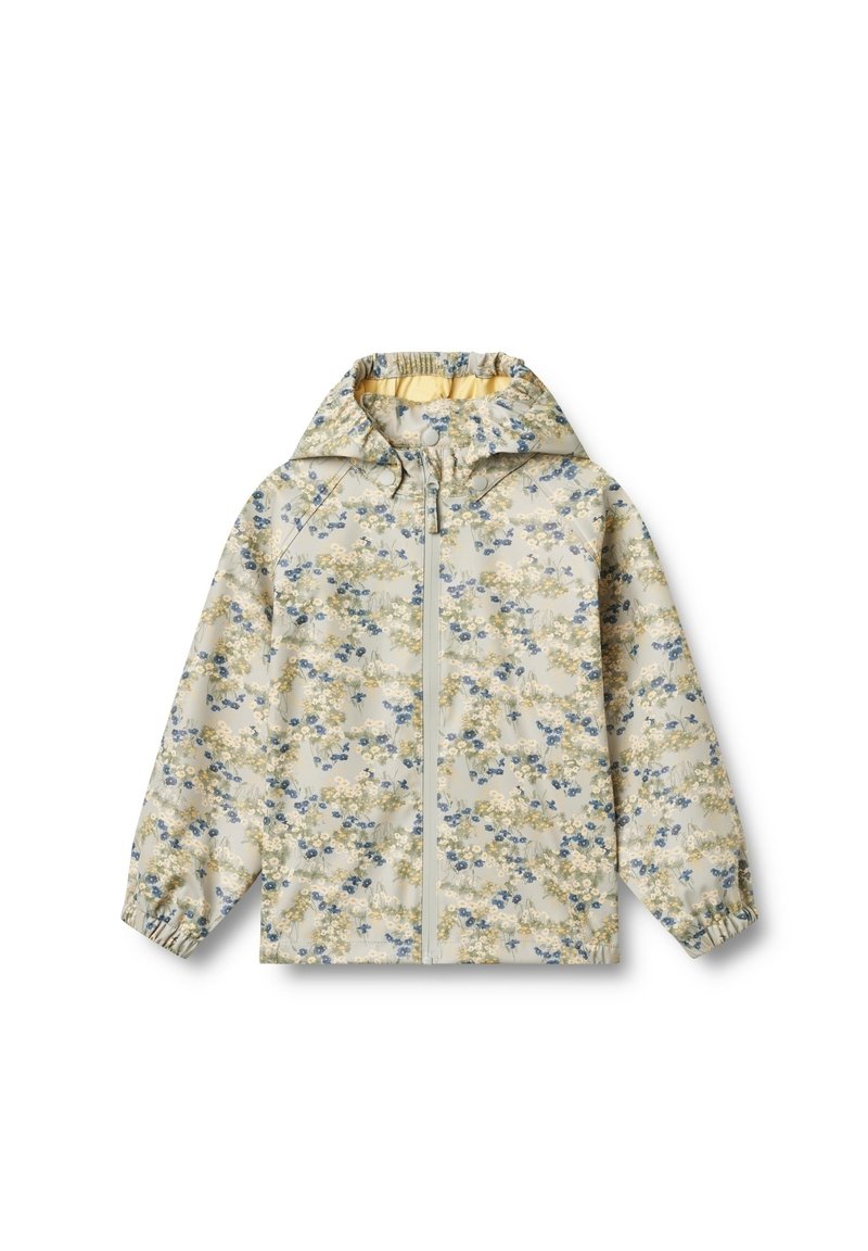 Blommönstrad jacka i ljusbeige med blå och gröna blommor. Har en huva, framtida dragkedja och elastiska muddar och nederkant. Vattenavvisande material.
