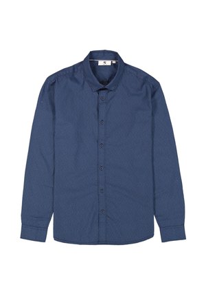 Donkerblauwe langemouw overhemd met knopen en een subtiel zigzagpatroon, kraag en manchet met knopen. Gemaakt van textuurstof met bijpassende knopen.