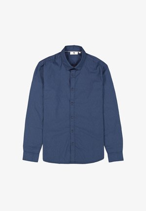 Donkerblauwe langemouw overhemd met knopen en een subtiel zigzagpatroon, kraag en manchet met knopen. Gemaakt van textuurstof met bijpassende knopen.