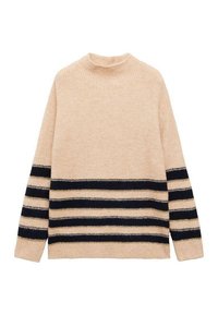 Beżowy sweter dzianinowy z wysokim kołnierzem, z granatowymi poziomymi paskami i złotymi akcentami na paskach, o prążkowanej fakturze.