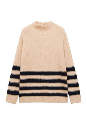 Beige Strickpullover mit hohem Kragen, der navyblaue horizontale Streifen und goldfarbene Akzente auf den Streifen aufweist, mit gerippter Textur im gesamten Pullover.