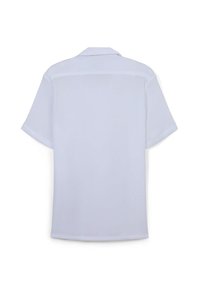 Camicia bianca a maniche corte con colletto vista da dietro, con orlo dritto e senza motivi o loghi visibili.