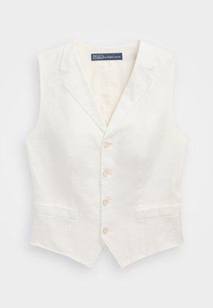 Valkoinen pellavasta valmistettu räätälöity liivi, jossa on leikattu kaulus, neljä nappia edessä ja kaksi etutaskua Polo Ralph Laurenilta.