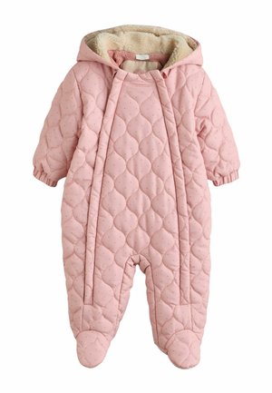 Rosa gesteppter Baby-Overall mit Kapuze, dezenten Polka-Dots, elastischen Bündchen und weichem Fleecefutter.
