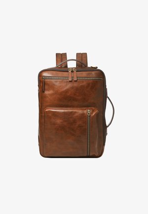 Brun læderrygsæk med rektangulær form, dobbelte lynlåse, forlommer og justerbare stropper. Har en glat tekstur og minimal syning.