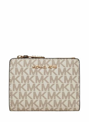 Portefeuille beige Michael Kors avec motif répétitif "MK", fermeture éclair dorée et logo sur le devant, design rectangulaire.