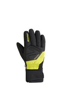Black gloves featuring a waterproof Aquashield layer, highlighted with a bright yellow accent, textured grip, and adjustable wrist strap.