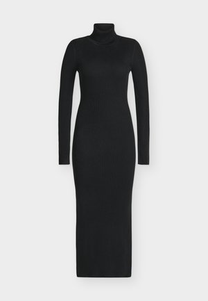 Black ribbed turtleneck dress with long sleeves, form-fitting silhouette, and floor-length design. Smooth texture and minimal detailing.