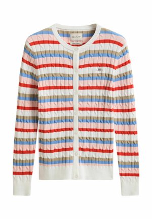 Women's buttoned cardigan with horizontal stripes in red, blue, beige, pink, and white, featuring a cable knit pattern and ribbed cuffs.