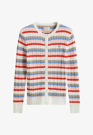 Damen-Strickjacke mit Knöpfen und horizontalen Streifen in Rot, Blau, Beige, Rosa und Weiß, mit Zopfmuster und gerippten Bündchen.