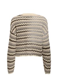 Häkelsweater mit creme- und dunkelbraunen Streifen. Merkmale sind ein kurzer Schnitt und lange Ärmel, die ein strukturiertes, gemustertes Design zeigen.