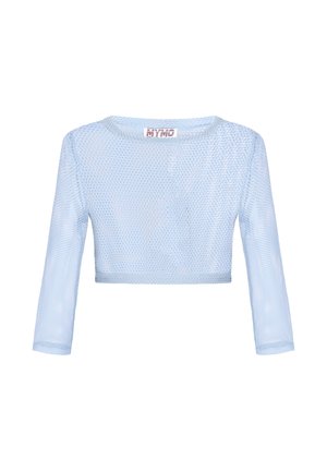 Hellblaues, langärmeliges, kurzes Mesh-Top mit rundem Ausschnitt und sichtbarem Markenlabel im Krageninneren.