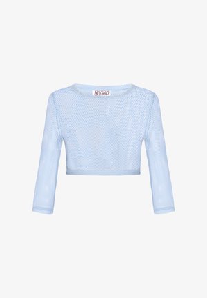 Hellblaues, langärmeliges, kurzes Mesh-Top mit rundem Ausschnitt und sichtbarem Markenlabel im Krageninneren.