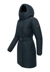 Dark navy padded coat featuring a wide hood, belted waist, zippered pockets, and textured fabric with branding on the sleeve.