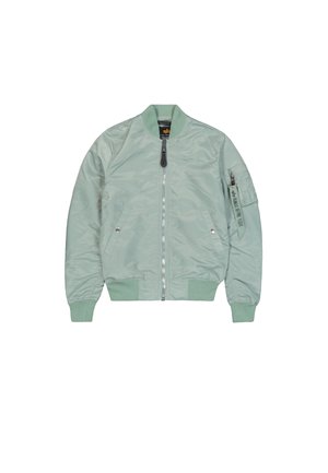 Lysegrønn bomberjakke med frontglidelås, ribbestrikkede mansjetter og kant, to frontlommer med trykknapp og glidelåslomme på ermet med stroppedetalj.