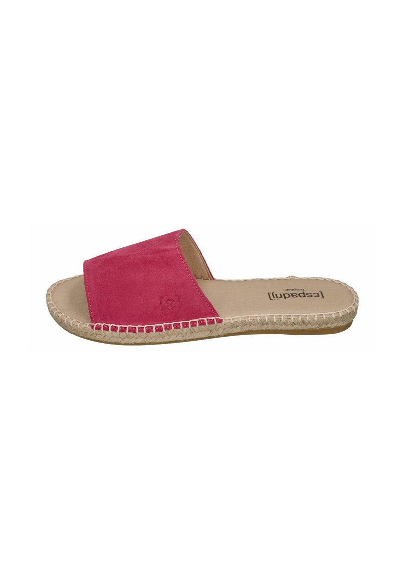 Pink suede slide sandal with a wide strap and woven jute-like sole. Features a flat profile and smooth texture. Brand logo visible on insole.