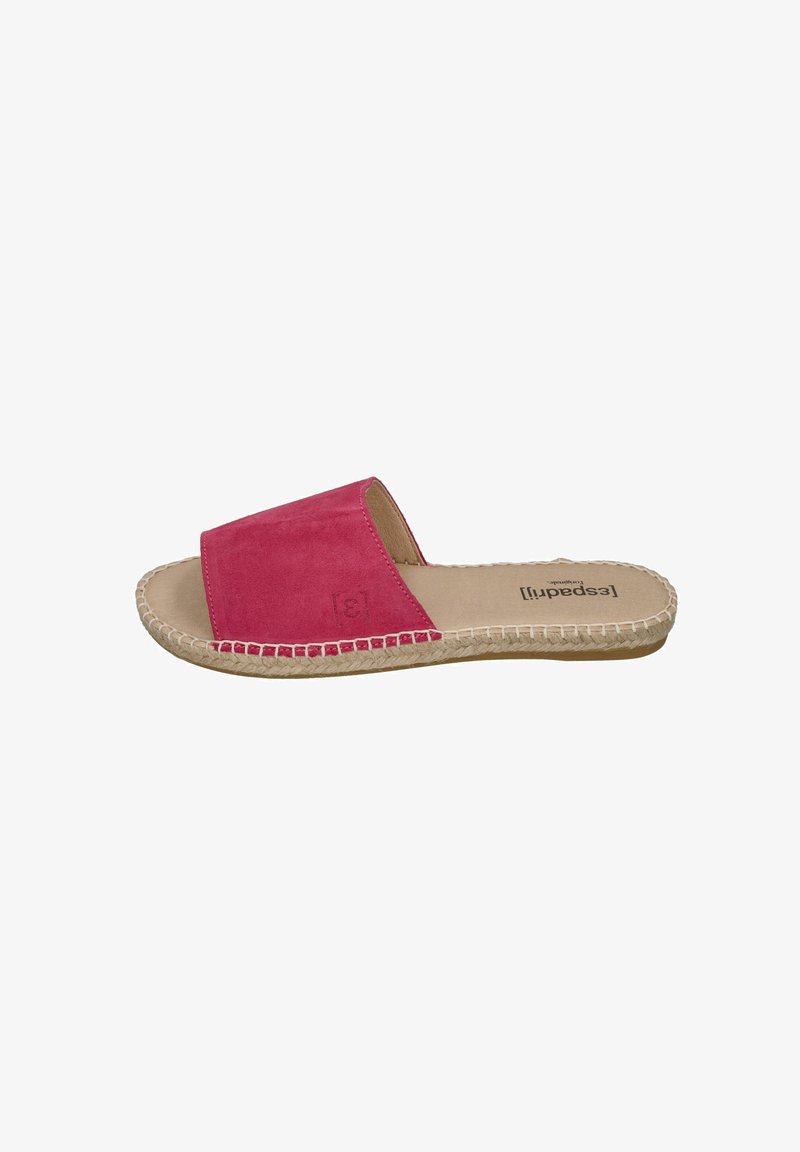 Pink suede slide sandal with a wide strap and woven jute-like sole. Features a flat profile and smooth texture. Brand logo visible on insole.