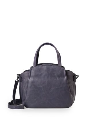 Borsa in pelle di un viola scuro, con parte superiore arrotondata, manici doppi e una tracolla staccabile. Finitura testurizzata con un design elegante.