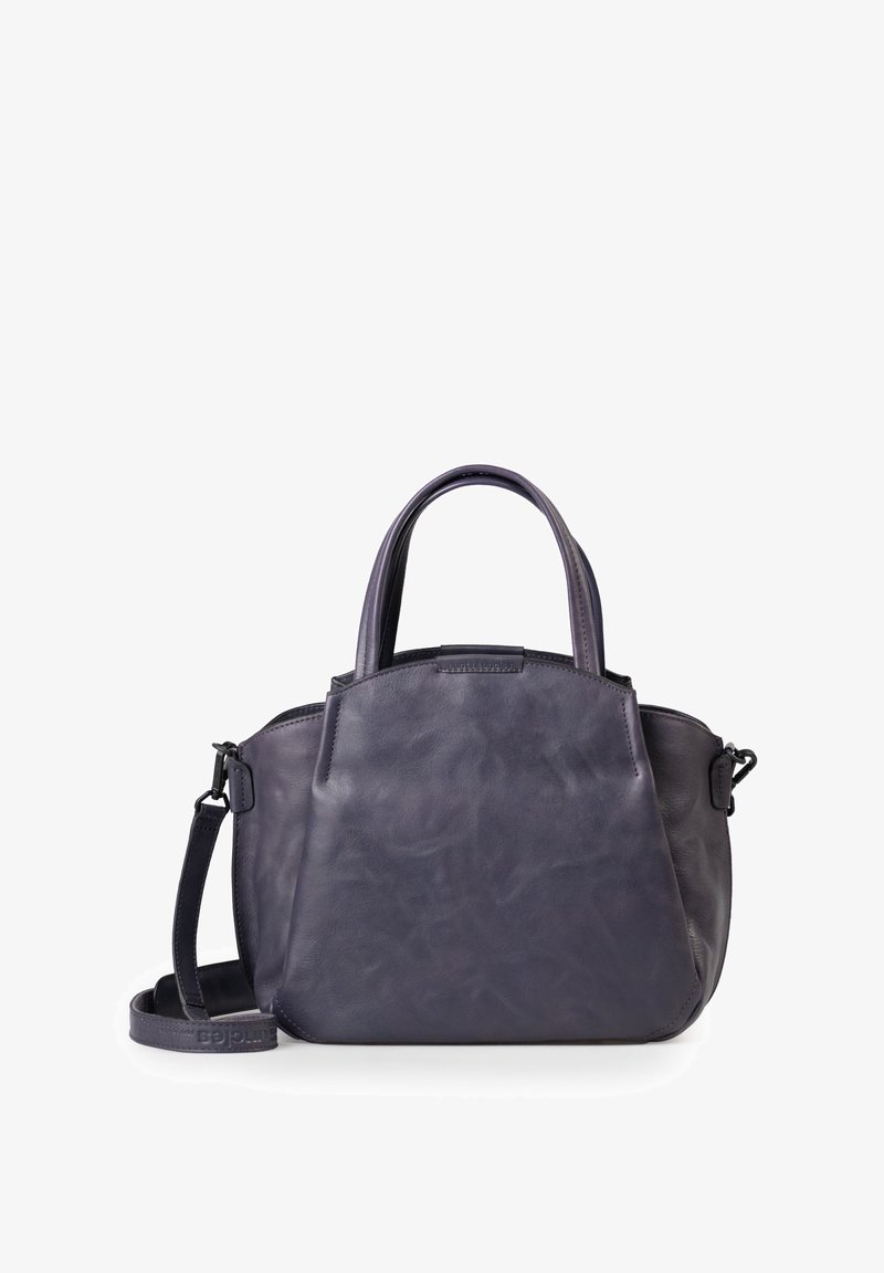 Dunkelviolette Handtasche aus Leder mit abgerundetem oberen Teil, doppelten Griffen und einem abnehmbaren Riemen. Texturierte Oberfläche mit einem eleganten Design.