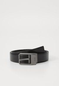 Black leather belt with a matte metal buckle, featuring a single prong and a smooth texture. Brand name displayed on the side of the buckle.