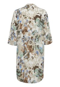 Lång, löst sittande kimono i lättviktig tyg. Har ett flerfärgat abstrakt mönster i beige, gröna, bruna och blå nyanser.