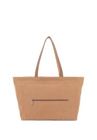 Borsa shopper in tela color camoscio con due manici lunghi, una tasca frontale con cerniera e un design strutturato. Nessun motivo o dettaglio visibile.