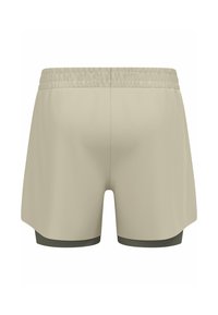 Beige Sportshorts aus strukturierter Stoffqualität, mit elastischem Bund und kontrastierender dunkelgrüner Innenauskleidung. Verfügt über seitliche Schlitze für optimale Bewegungsfreiheit.