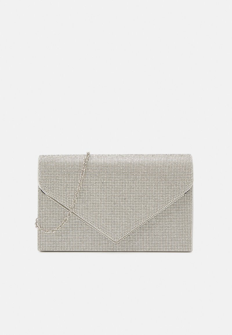 Metallic silver clutch bag with an envelope design, embellished with a textured pattern, featuring a detachable chain strap.