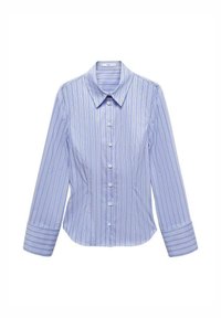Chemise bleu clair à boutons avec des rayures verticales blanches. Elle présente des manches longues avec des poignets larges et un col classique.