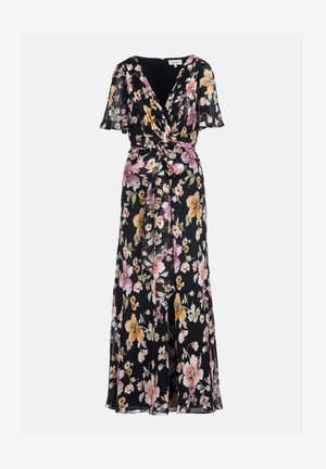Črna maxi obleka z rožnatim, rumenim in belim cvetličnim vzorcem, kratkimi krilci na rokavih, V-izrezom in pasom, ki se zaveže v pentljo.