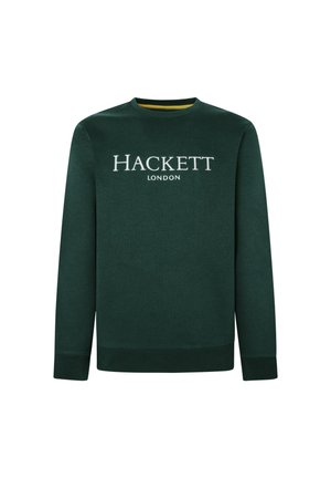 Tmavě zelená mikina s kulatým výstřihem, dlouhými rukávy a žebrovanými manžetami. Na přední straně je bílý potisk "HACKETT LONDON".