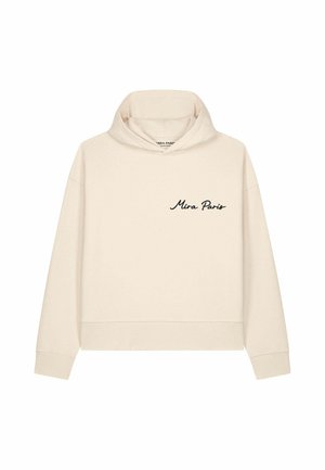 Beige sweat met capuchon en lange mouwen met "Mira Paris" in kleine zwarte cursief op de linkerborst geschreven.