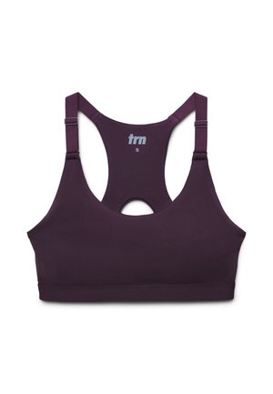 Reggiseno sportivo viola con scollatura a girocollo, spalline regolabili e un dettaglio a taglio sul retro. Presenta un tessuto liscio e il logo sul davanti.