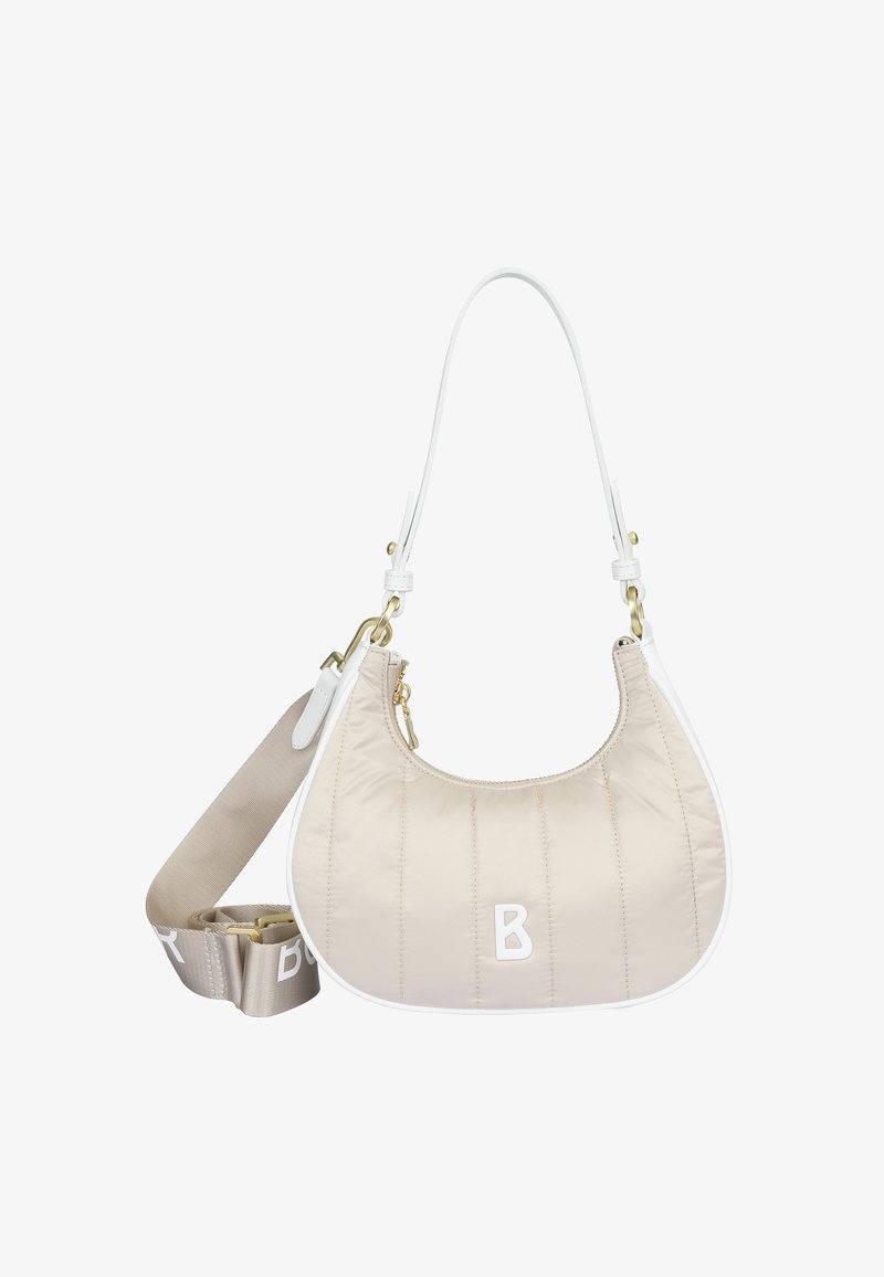 Borsa a tracolla beige trapuntata con accenti bianchi e un logo. Include una tracolla beige staccabile e dettagli in oro. Texture liscia.