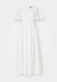 Witte maxi-jurk van textuurmateriaal, met korte mouwen, een ronde halslijn en een gerimpelde taille met een gaatjespatroon.