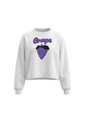 Felpa bianca a maniche lunghe con polsini a costine, con un grappolo d'uva viola glitterata e la parola "Grape" in testo glitter viola sopra di esso.