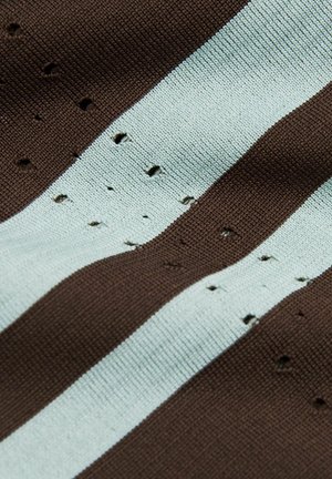 Pletemá tkanina se střídavými hnědými a světle modrými pruhy, na povrchu se nachází několik malých děr a opotřebovaných míst.