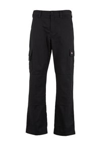 Svarta cargobyxor med rak passform, med sidofickor, knappstängning och slitstark tygstruktur.