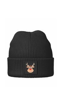 Black knitted beanie with ribbed texture and a folded cuff. Features a rectangular patch with a cartoon reindeer face and antlers.