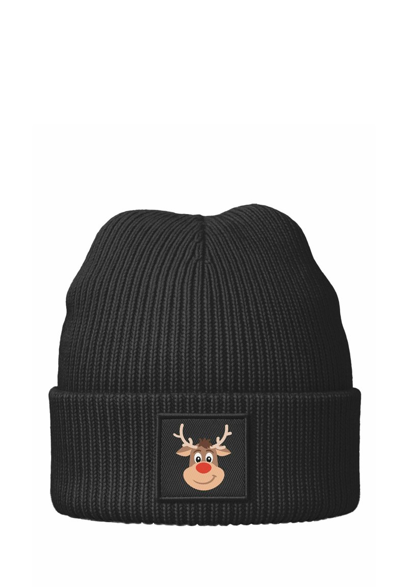 Black knitted beanie with ribbed texture and a folded cuff. Features a rectangular patch with a cartoon reindeer face and antlers.
