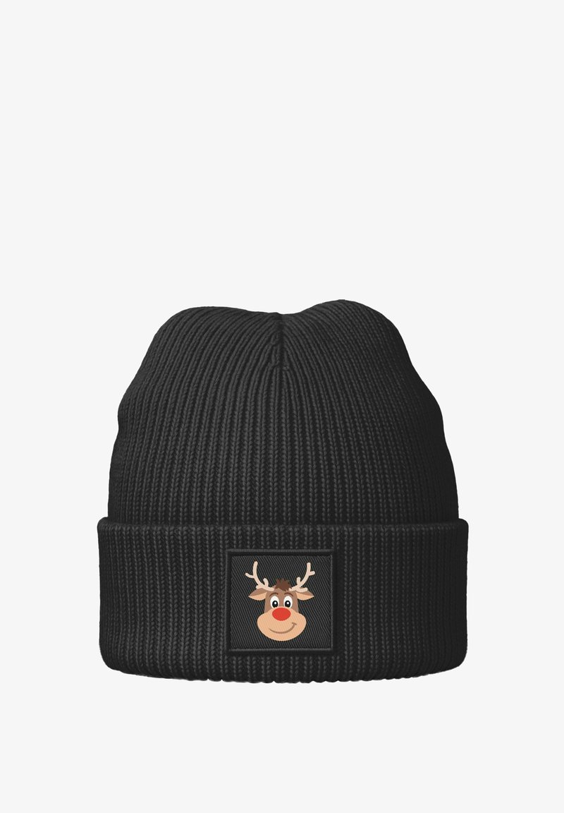 Black knitted beanie with ribbed texture and a folded cuff. Features a rectangular patch with a cartoon reindeer face and antlers.