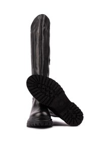 Black leather knee-high boots with a smooth texture, side zipper, and rugged treaded rubber soles for traction.