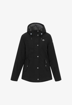 Must värvi veekindel jakk kapuutsiga, hõbedased nupuod, ees taskud ja logo vasakul rinnal. Sile kangas matte viimistlusega.