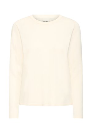 Maglia a maniche lunghe color crema realizzata in tessuto morbido a coste, con scollo rotondo e orlo dritto, caratterizzata da un design minimalista.