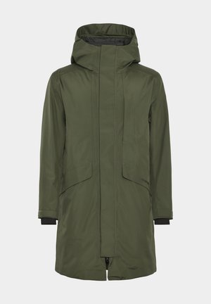 Water-resistant green parka jacket with a high collar, large front pockets, and a zippered closure. Features black accents at cuffs.