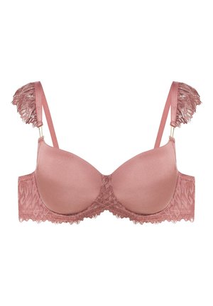 Różowy koronkowy biustonosz z wkładkami, z gładkim satynowym wykończeniem, koronkowym wykończeniem przy obwodzie oraz dekoracyjnymi koronkowymi ramiączkami. Złote zapięcia w zestawie.