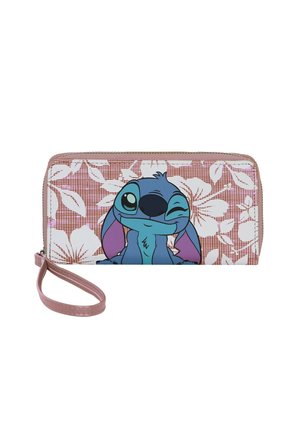 Billetera con cremallera con un patrón floral rosa y una ilustración de un personaje de dibujos animados. Cuenta con una correa para la muñeca y una textura de tela suave.