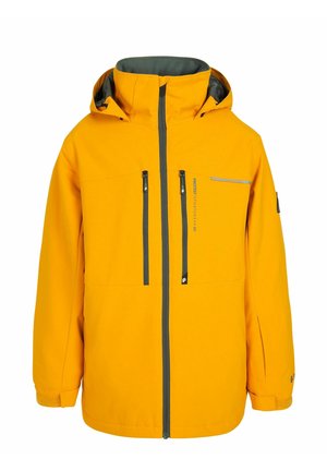 Giacca impermeabile gialla con cappuccio, dettagli grigi, molteplici tasche con zip e un design elegante e moderno.